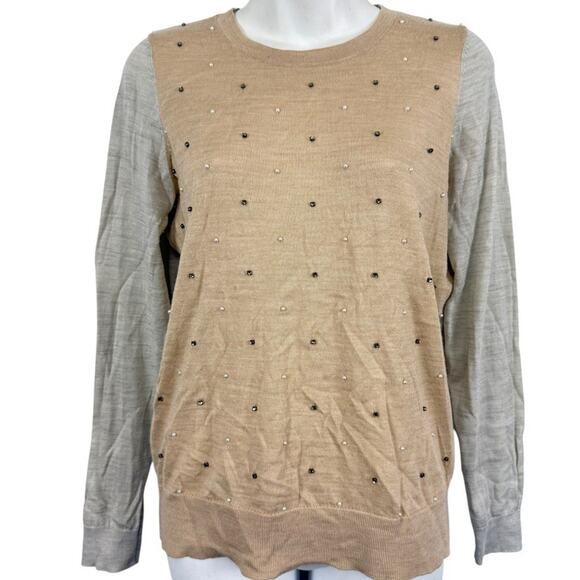 Ann Taylor Loft Beaded Thin Wool Blend Beige Gray Rhinestone Pearl Sweater sz M - Picture 1 of 16